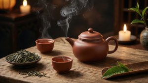 冒煙的陶製茶壺和茶杯在木桌上，伴隨蠟燭和茶葉