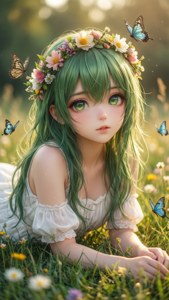 擁有綠色頭髮和眼睛的動漫女孩躺在草地上，戴著花冠，蝴蝶在她周圍飛舞。