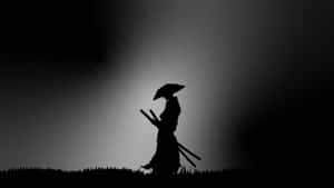 武士剪影，手持雨傘和劍，背景灰色天空