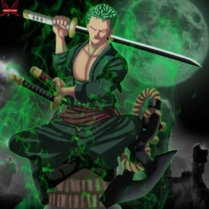 動漫戰士，綠色頭髮和光環，在滿月下持劍。