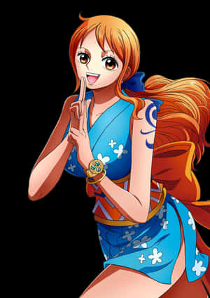 穿著藍色花卉和服的動漫女孩眨眼並將手指放在嘴唇上。