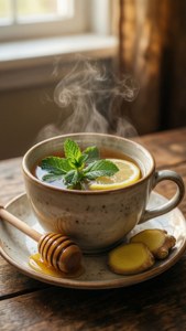 冒著蒸氣的草本茶含薄荷檸檬生薑在木桌上配蜂蜜棒