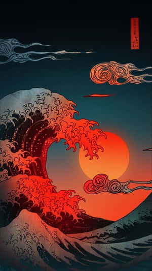 在日本木版畫風格中，一道戲劇性的紅色波浪在發光的橙色太陽下湧起。