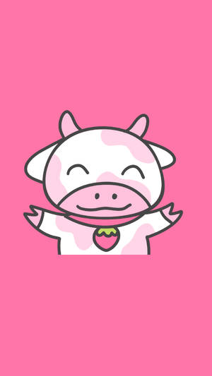 一隻微笑的卡通牛，帶有粉紅色斑點和草莓標籤，在粉紅色背景上。