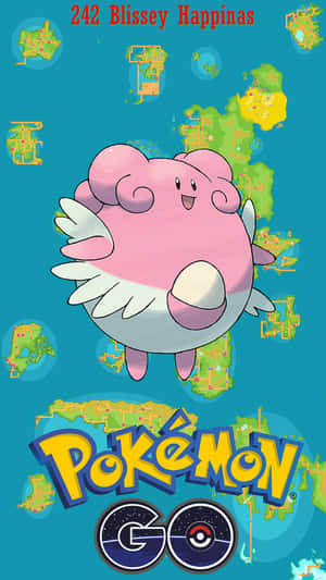 粉紅色寶可夢吉利蛋和幸福蛋與遊戲地圖和Pokémon GO標誌一起漂浮。