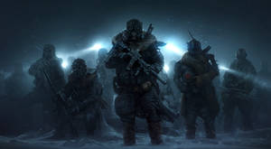 戴著防毒面具和冬季裝備的士兵站在探照燈下的積雪戰場上。 — 現代戰爭 壁紙