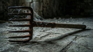 生鏽的乾草叉覆蓋著蜘蛛網，放在黑暗廢棄空間的裂縫石地板上。