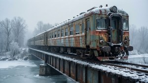 生鏽火車穿越雪橋橫跨結冰河流在冬季霧中