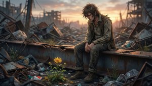 一個男人坐在廢墟中，旁邊有一朵盛開的黃色花朵，夕陽西下。