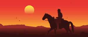 牛仔騎馬穿越沙漠的剪影，背景是夕陽。