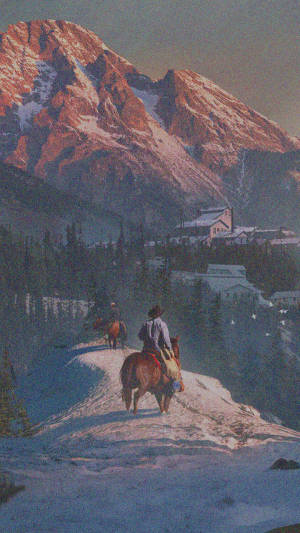 黃昏時分，兩位騎馬者在村莊附近的雪地山徑上。