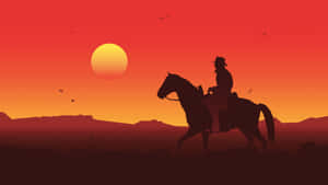 沙漠景觀中夕陽下騎馬的牛仔剪影。