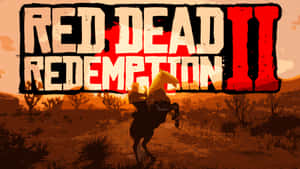 日落中，在Red Dead Redemption II標題下騎著後腿站立馬的牛仔。
