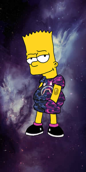 巴特·辛普森穿著迷彩服裝，背景是星光燦爛的宇宙。