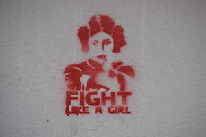 牆上的紅色塗鴉藝術，展示了一個女人和「fight like a girl」的字樣。