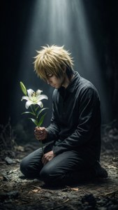 動漫男子跪在森林中，在神聖光芒下手持白色百合花。 — 夜神月 壁紙