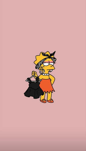 Lisa Simpson 穿著龐克風格，拿著掛在衣架上的黑色連衣裙。