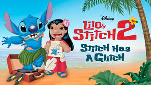 Lilo 與 Stitch 在沙灘上手持帶有故障效果的 Stitch 畫作。