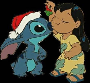 Lilo 親吻戴著聖誕帽並手持冬青的 Stitch
