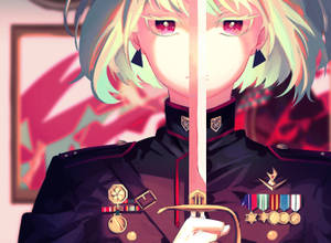 穿著軍服的動漫士兵，握著劍，眼睛發光，背景色彩繽紛。