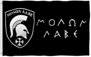 黑色旗幟，帶有銀色斯巴達頭盔和希臘文字 molon labe
