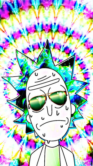 Rick Sanchez 戴著太陽眼鏡，背景是迷幻紮染風格。