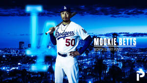 身穿道奇隊球衣的棒球選手 Mookie Betts 在夜晚城市天際線上握著球棒。
