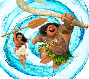 Moana 和 Maui 在旋轉的藍色水漩渦中飛翔，手持他們的工具。