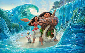 Moana 和 Maui 在熱帶島嶼上與 Pua 和 Hei Hei 一起站在巨浪中。