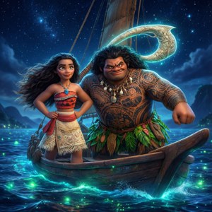 Moana 和 Maui 在夜間划獨木舟，水面發光，有一個神奇的魚鉤。