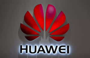 Huawei標誌，紅色花瓣和發光黑色文字，灰色牆壁。