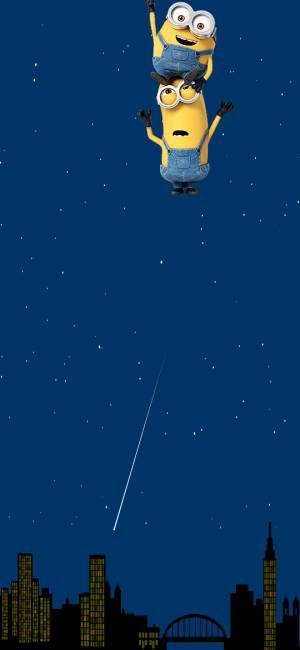兩個迷你兵團在夜晚的城市上空漂浮，伴隨著星星和流星。 — Huawei 壁紙