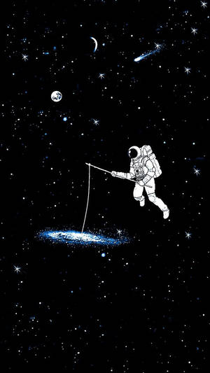 太空人在深空中於星星和月亮之間釣著一個發光的星系。