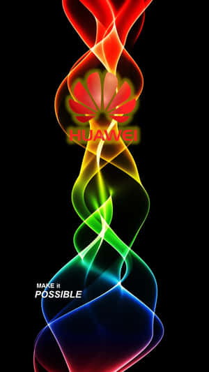 黑色背景上，色彩繽紛的旋轉光軌圍繞著Huawei標誌。 — Huawei 壁紙