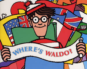 Waldo 拿著一面帶有旗幟和牙刷的橫幅。