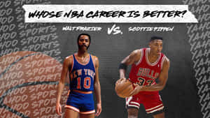 NBA球員沃爾特·弗雷澤和斯科蒂·皮蓬身著復古制服，為職業生涯比較圖擺姿勢。