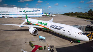 機場停機坪上的長榮航空波音787夢幻客機，配有紅地毯和綠色植物