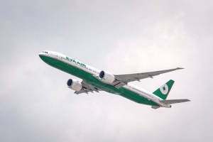 綠色和白色的長榮航空飛機在雲霧天空飛行。