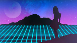 女性剪影在發光網格上，星空下有大月亮。