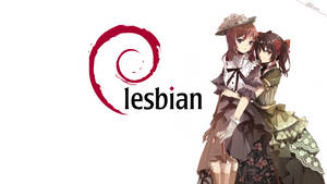 兩個穿著復古連衣裙的動漫女孩在一個帶有女同性戀字樣的紅色螺旋標誌旁邊擁抱。