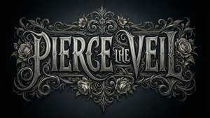 哥德式文字「Pierce the Veil」配玫瑰和漩渦，深色背景