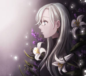 銀髮動漫女孩被發光的百合花和紫色花朵環繞。