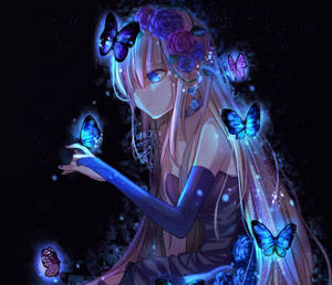 在黑暗魔法場景中，帶有發光蝴蝶和紫色玫瑰的動漫女孩。