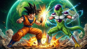 動漫角色悟空和弗力扎在一個行星上以能量爆炸戰鬥，地球在他們身後。 — 悟空 壁紙