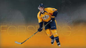 冰球運動員 Filip Forsberg 穿著隊服在移動中。