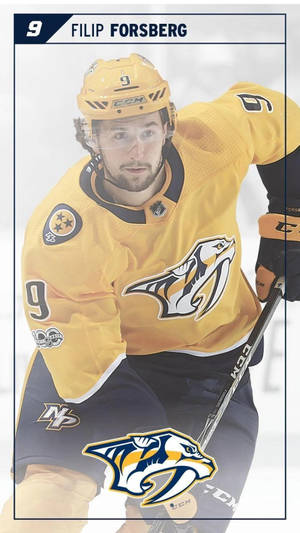 冰球運動員 Filip Forsberg 身穿 Nashville Predators 制服在冰上。