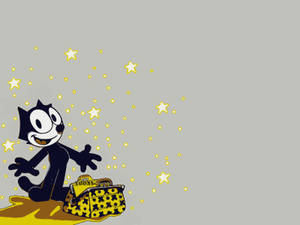 卡通角色 Felix the Cat 坐著，周圍有袋子和星星。