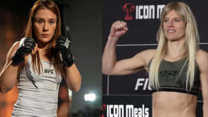 兩位女性UFC拳手穿著運動服擺姿勢，一位戴白色手套，另一位身穿綠色上衣繃緊肌肉。