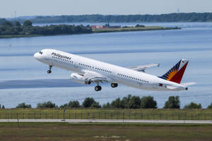 菲律賓航空噴射機在靠近湖泊、有樹木和天空的地方起飛。