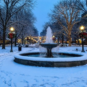 被雪覆蓋的公園噴泉，帶有節日燈光和光禿禿的樹木，黃昏時分。